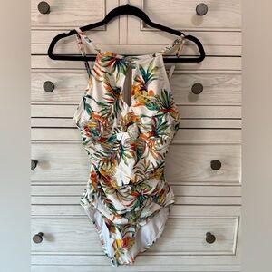 Ellen Tracy One Piece Tropical Swimsuit with High Neck Keyhole detail